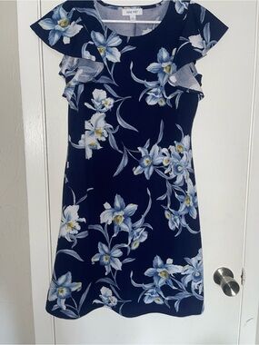 Nine West Navy Floral Scoop Neck Dress with Yellow Accents